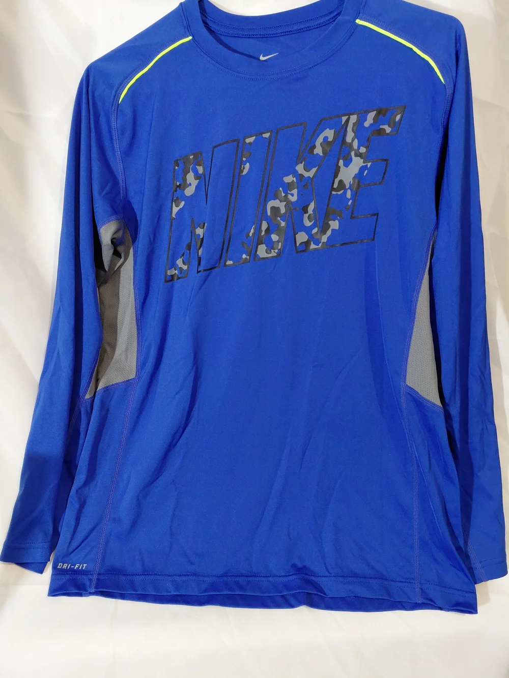 Nike Blue Long-Sleeve Dri-FIT Tee with Gray Camo Logo and Neon Accents